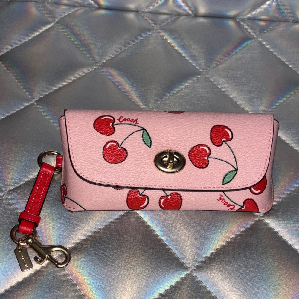 Cherry Print Pink Coach sunglasses case with Keychain